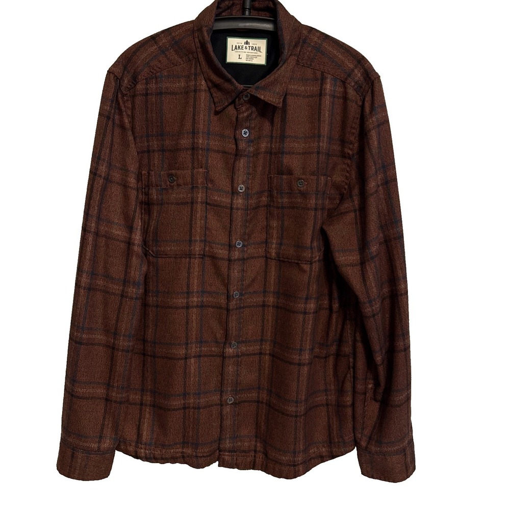 Lake & Trail Brown Plaid Flannel Button Shirt L Outdoors Casual Rugged Utility